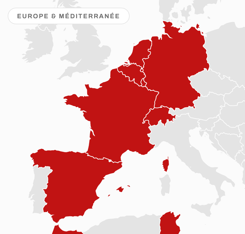 Zoom Europe et Méditerranée : France, Espagne, Belgique, Pays-Bas, Luxembourg, Allemagne, Suisse, Maroc, Tunisie